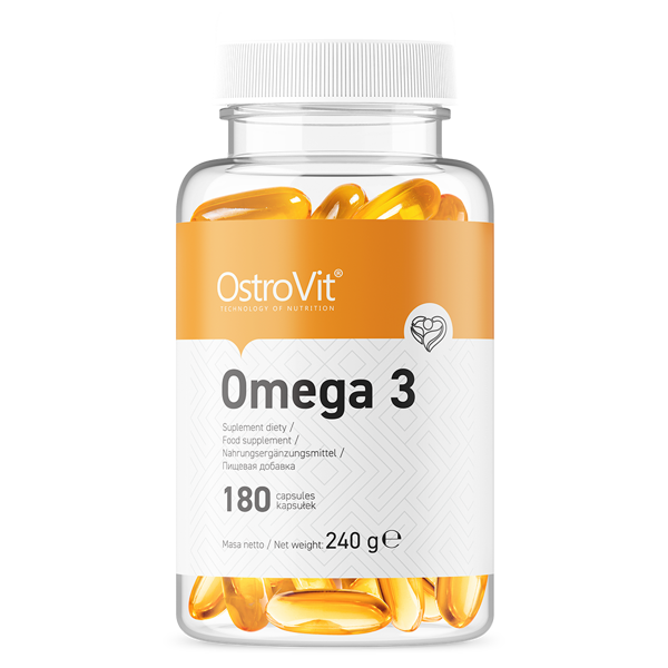 Frasco de suplemento OstroVit Omega 3 com cápsulas amarelas visíveis