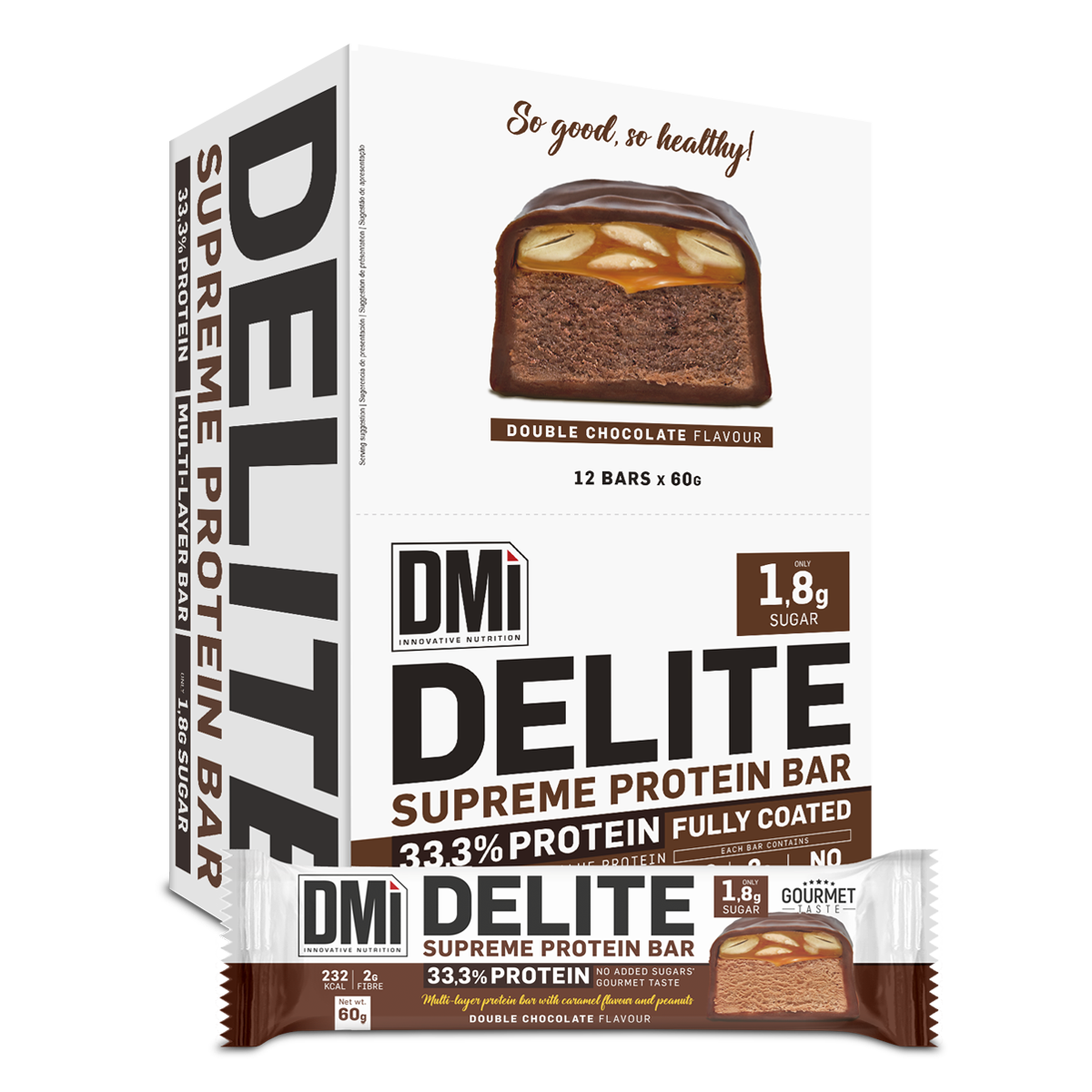 Caixa e barra de proteína DELITE Supreme Protein Bar sabor chocolate duplo