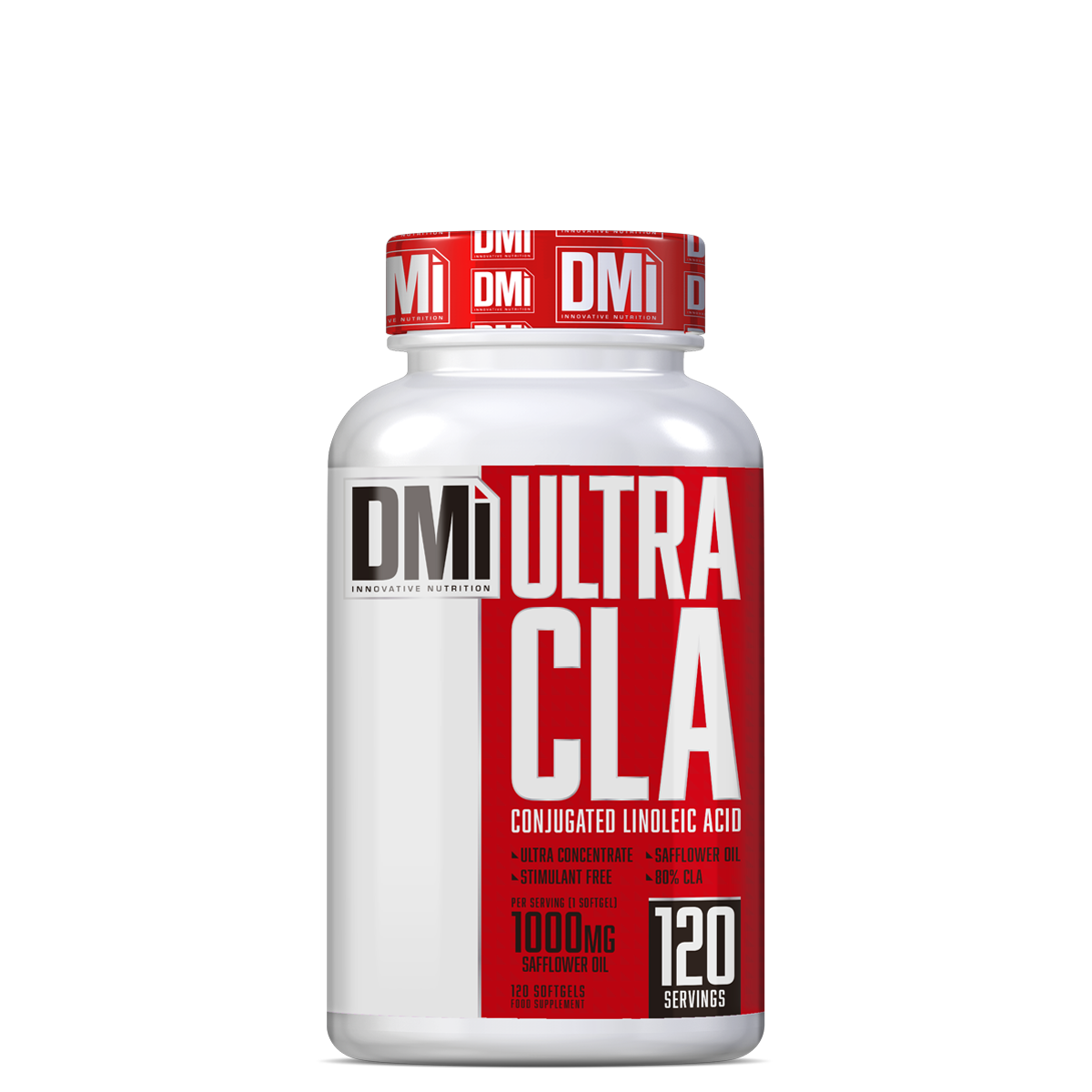 Frasco branco de suplemento DMI ULTRA CLA com rótulo vermelho e branco, 120 cápsulas.