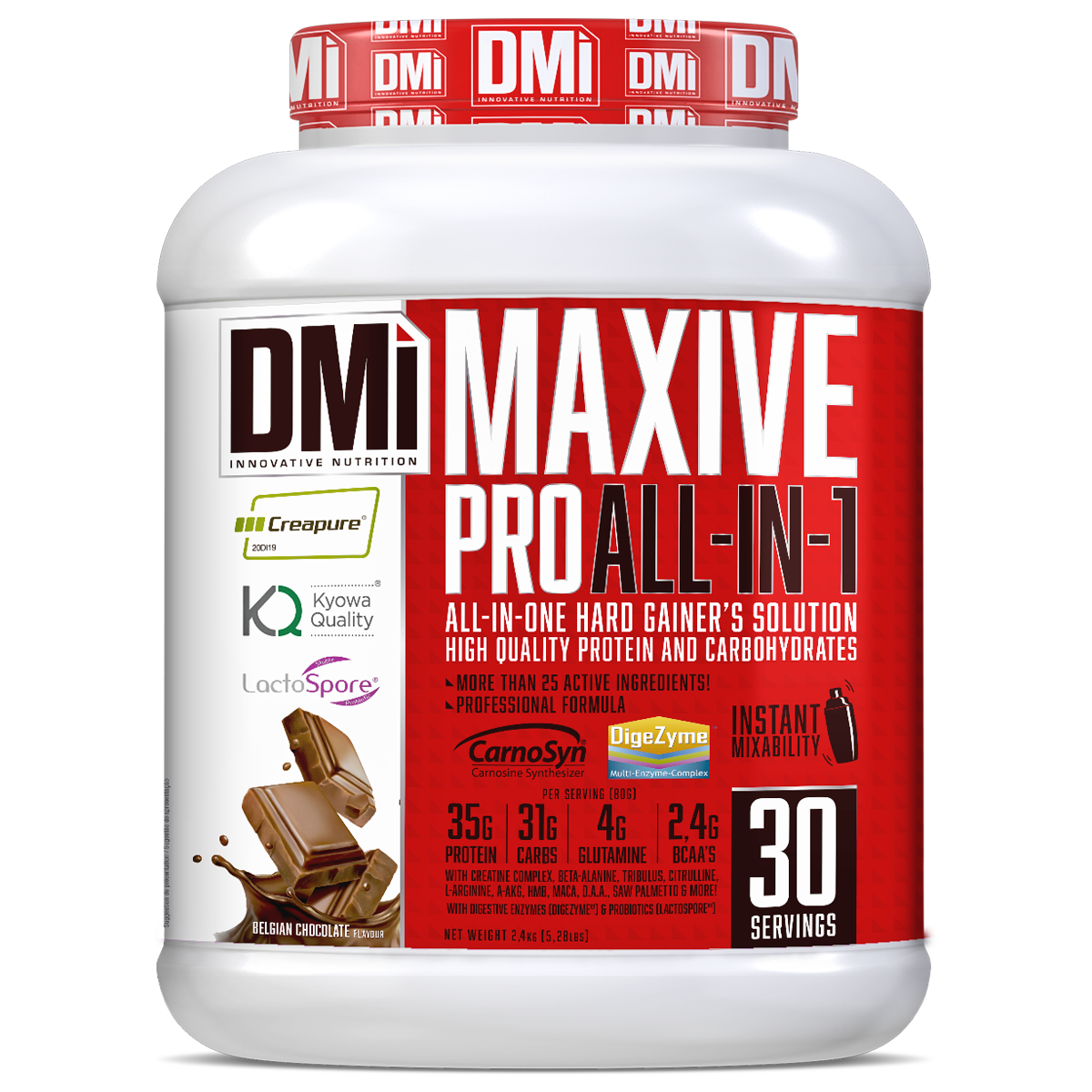 Frasco de suplemento MAXIVE PRO ALL-IN-1 com rótulo vermelho e branco e imagem de chocolate.