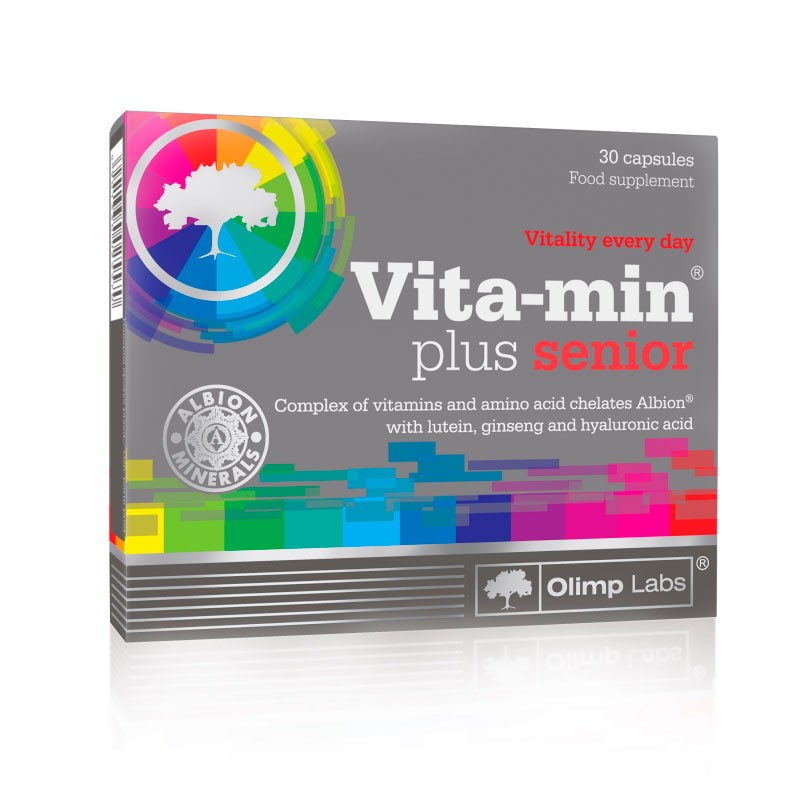 Caixa de suplemento alimentar Vita-min plus senior da Olimp Labs com design colorido