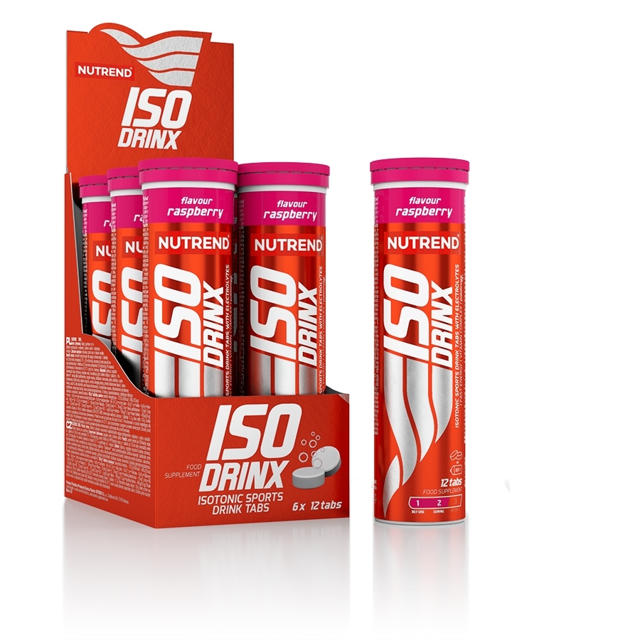 Tubos de comprimidos isotónicos Iso Drinx sabor raspberry da Nutrend em caixa de exposição vermelha e rosa.