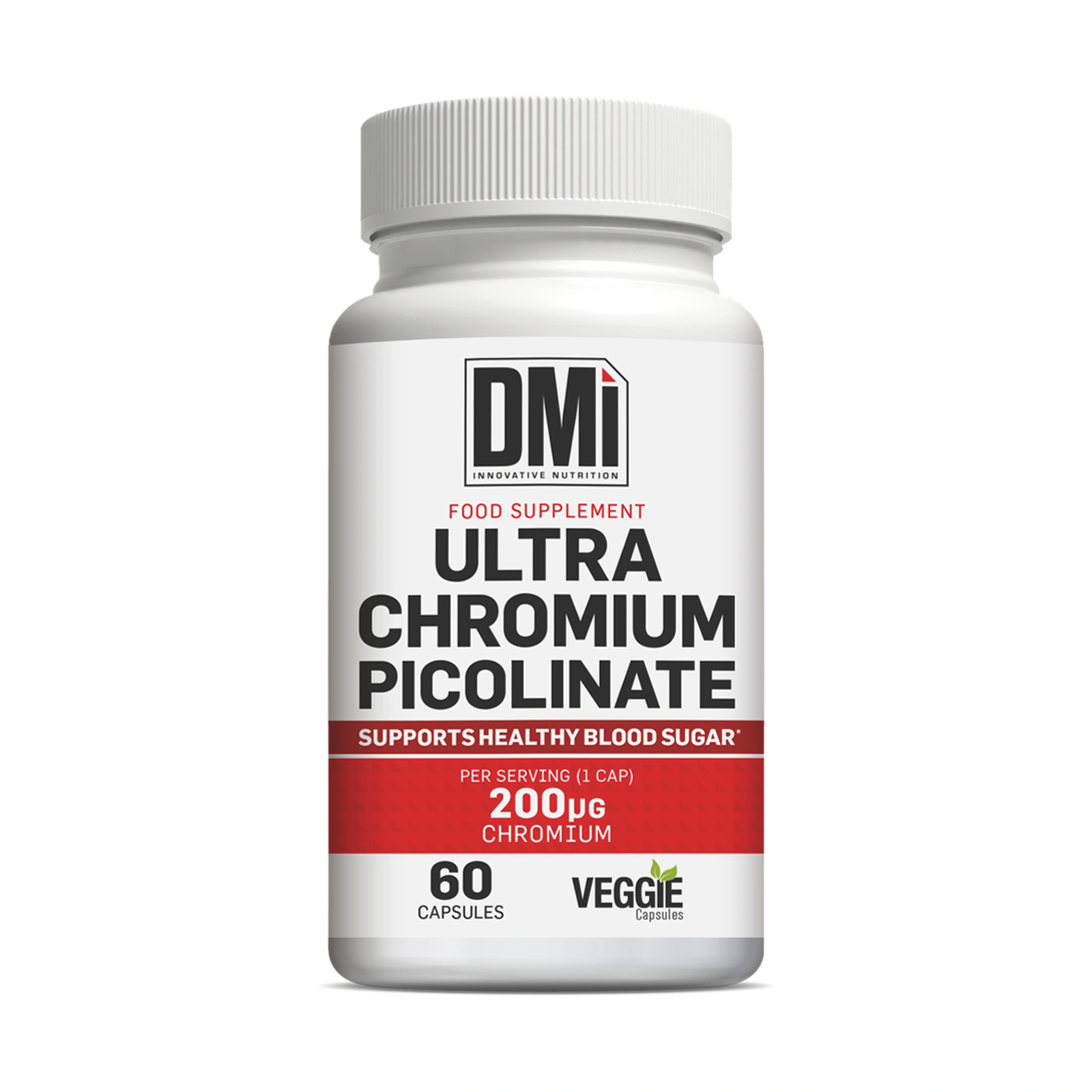 ULTRA CHROMIUM PICOLINATE DMI — 60 Cápsulas Frasco branco de suplemento Ultra Chromium Picolinate com rótulo branco e vermelho