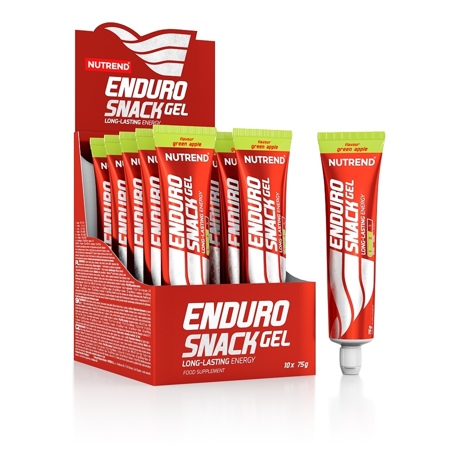 Caixa vermelha com 10 tubos de gel energético Nutrend Enduro Snack Gel sabor maçã verde