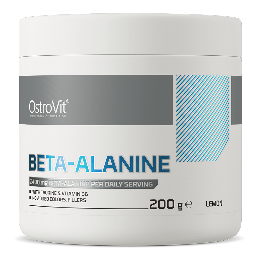Frasco branco de suplemento OstroVit Beta-Alanine 200 g sabor limão