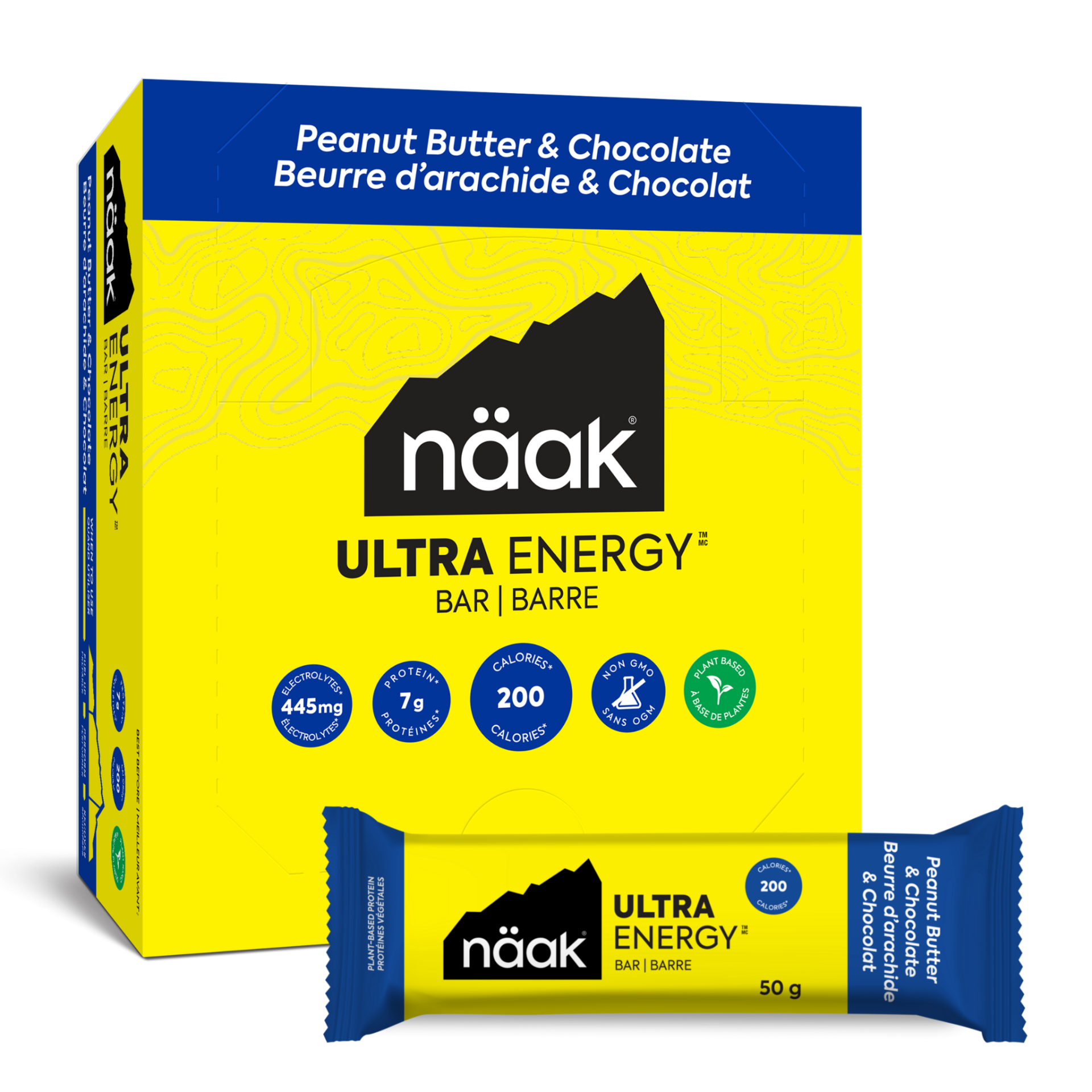 Embalagem de barra energética näak Ultra Energy amarelo e azul sabor manteiga de amendoim e chocolate.