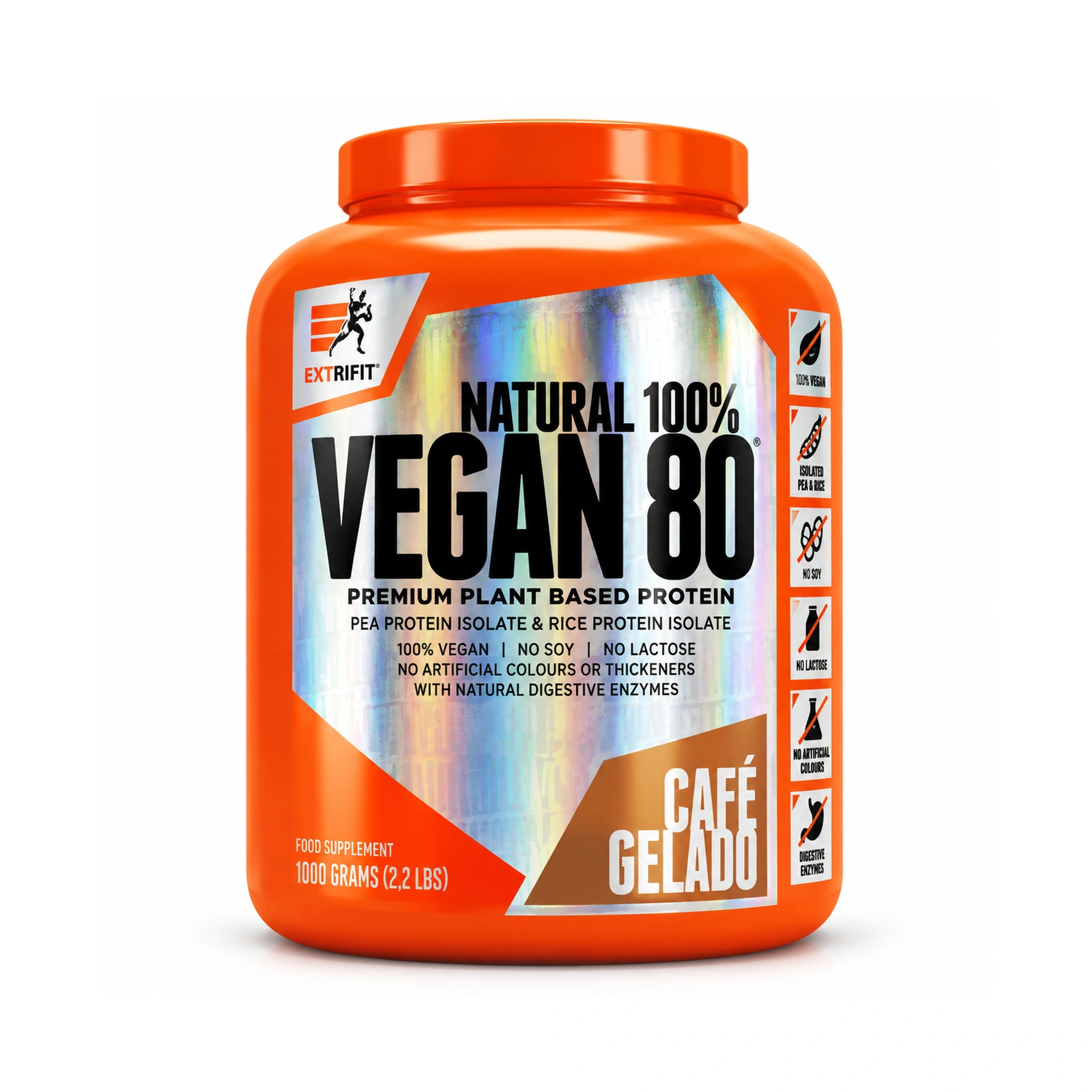 Vegan 80 Extrifit — 1 kg Recipiente laranja de suplemento alimentar VEGAN 80 Extrifit sabor Café Gelado