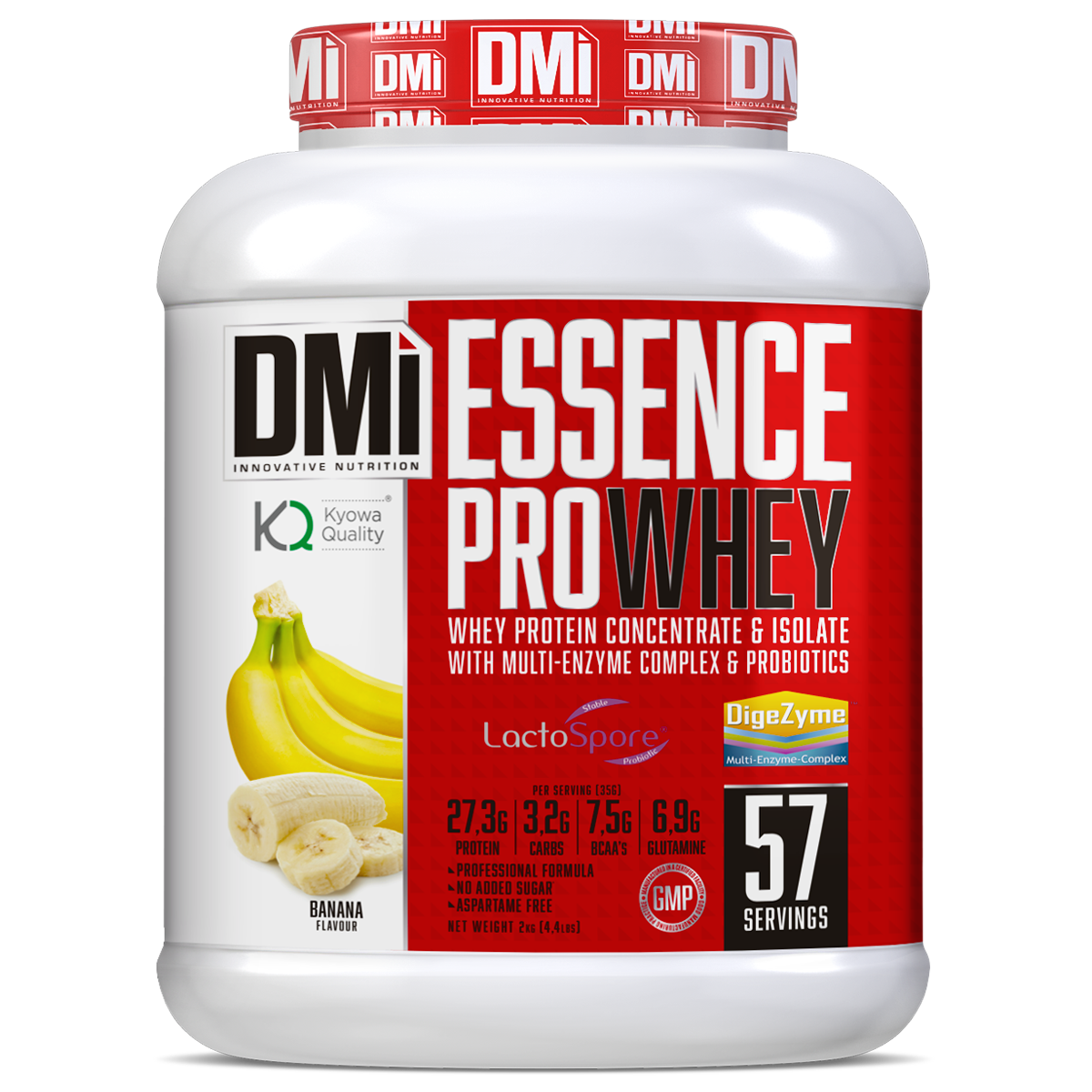 Suplemento de proteína DMi Essence Pro Whey sabor banana, embalagem branca e vermelha