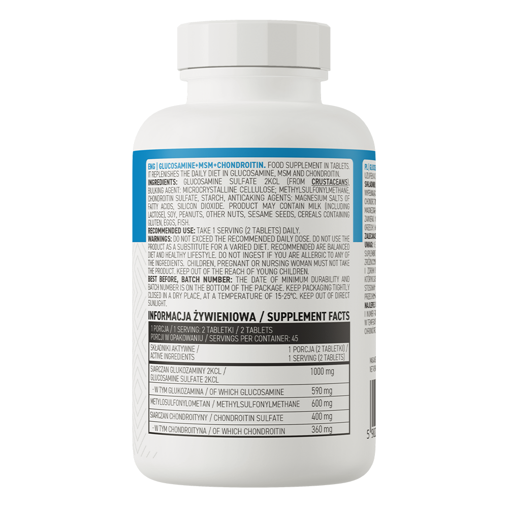 Frasco branco de suplemento alimentar com rótulo azul e branco com texto e tabela de ingredientes