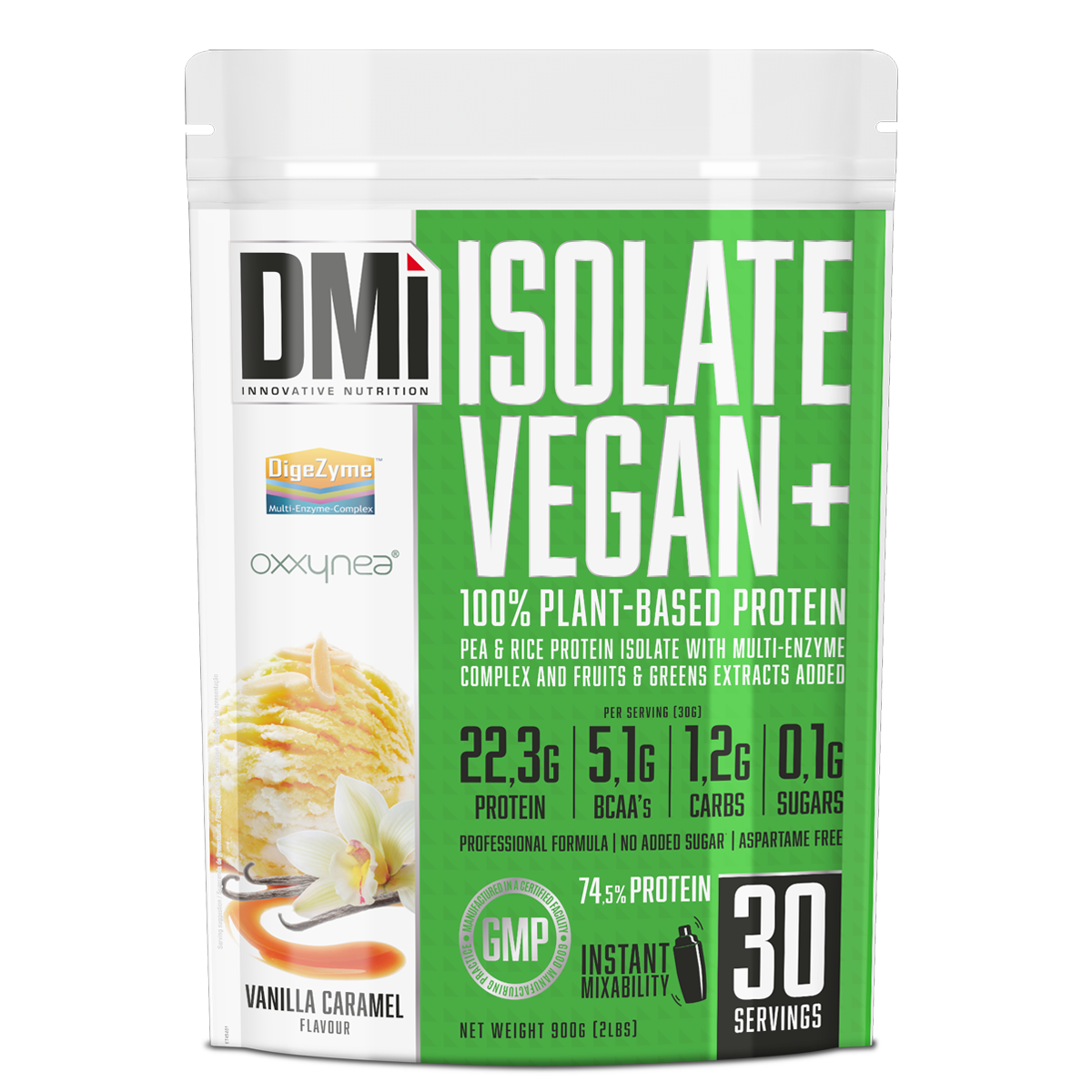 Saco do suplemento DMI Isolate Vegan+ sabor Vanilla Caramel