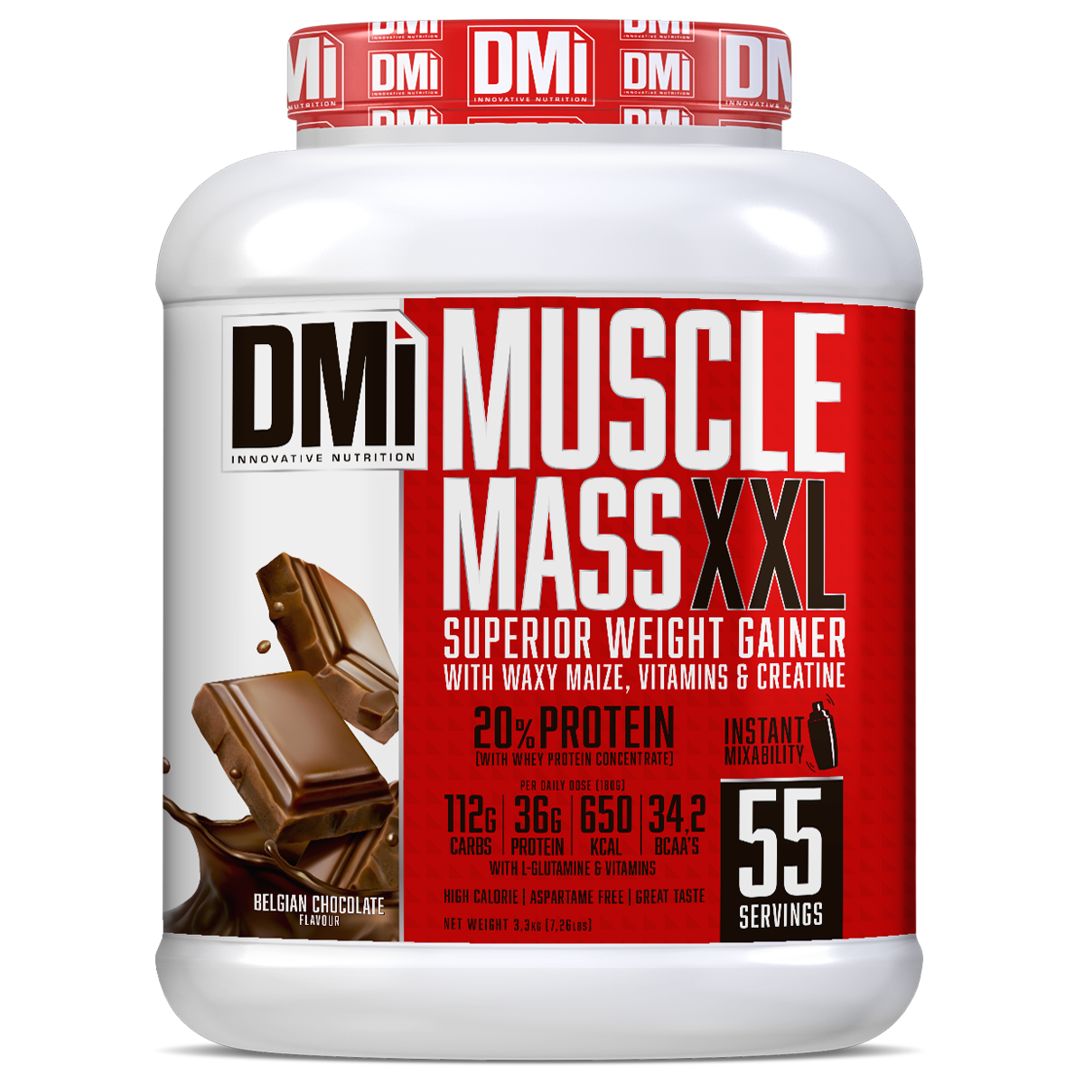 Pote branco com tampa vermelha contendo suplemento Muscle Mass XXL sabor chocolate
