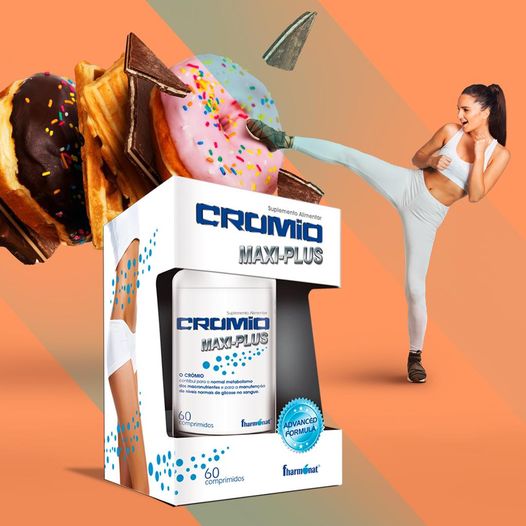 Embalagem de suplemento CROMIO MAXI-PLUS com donuts e mulher a dar pontapé em fundo laranja