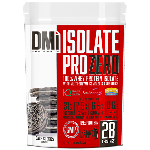 Embalagem de suplemento DM ISOLATE PRO ZERO Dark Cookies em branco, vermelho e preto