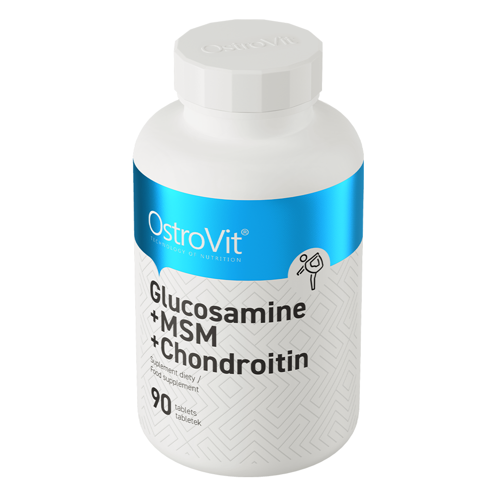 Frasco branco de suplemento OstroVit Glucosamine MSM Chondroitin