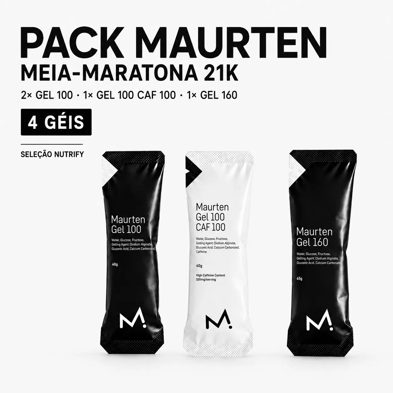 Pack Maurten Meia-Maratona 21K – 4 Géis Embalagens pretas e brancas de géis energéticos Maurten para meia-maratona 21K