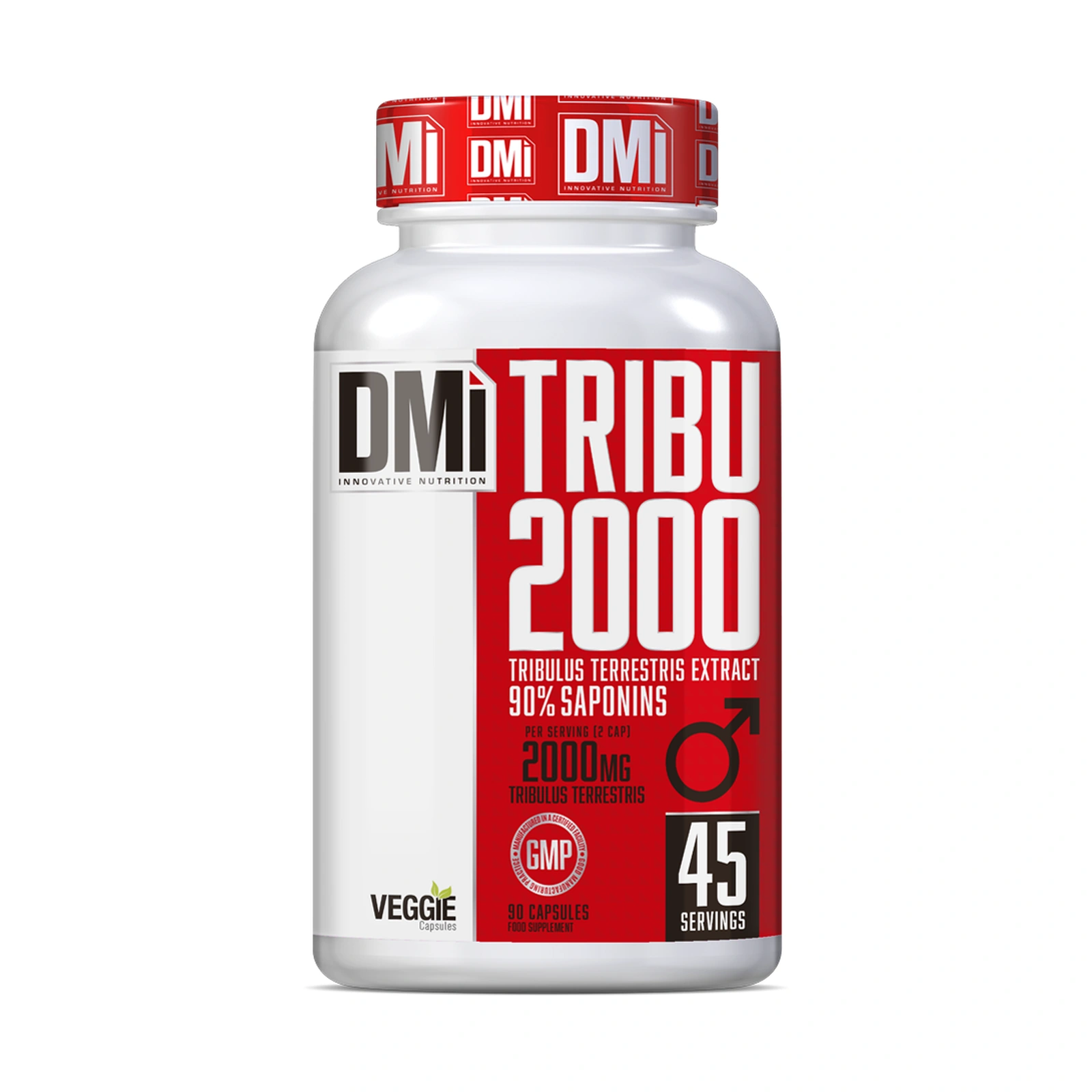 TRIBU 2000 DMI — 90 Cápsulas Frasco branco de suplemento DMi TRIBU 2000 com rótulo vermelho e branco.