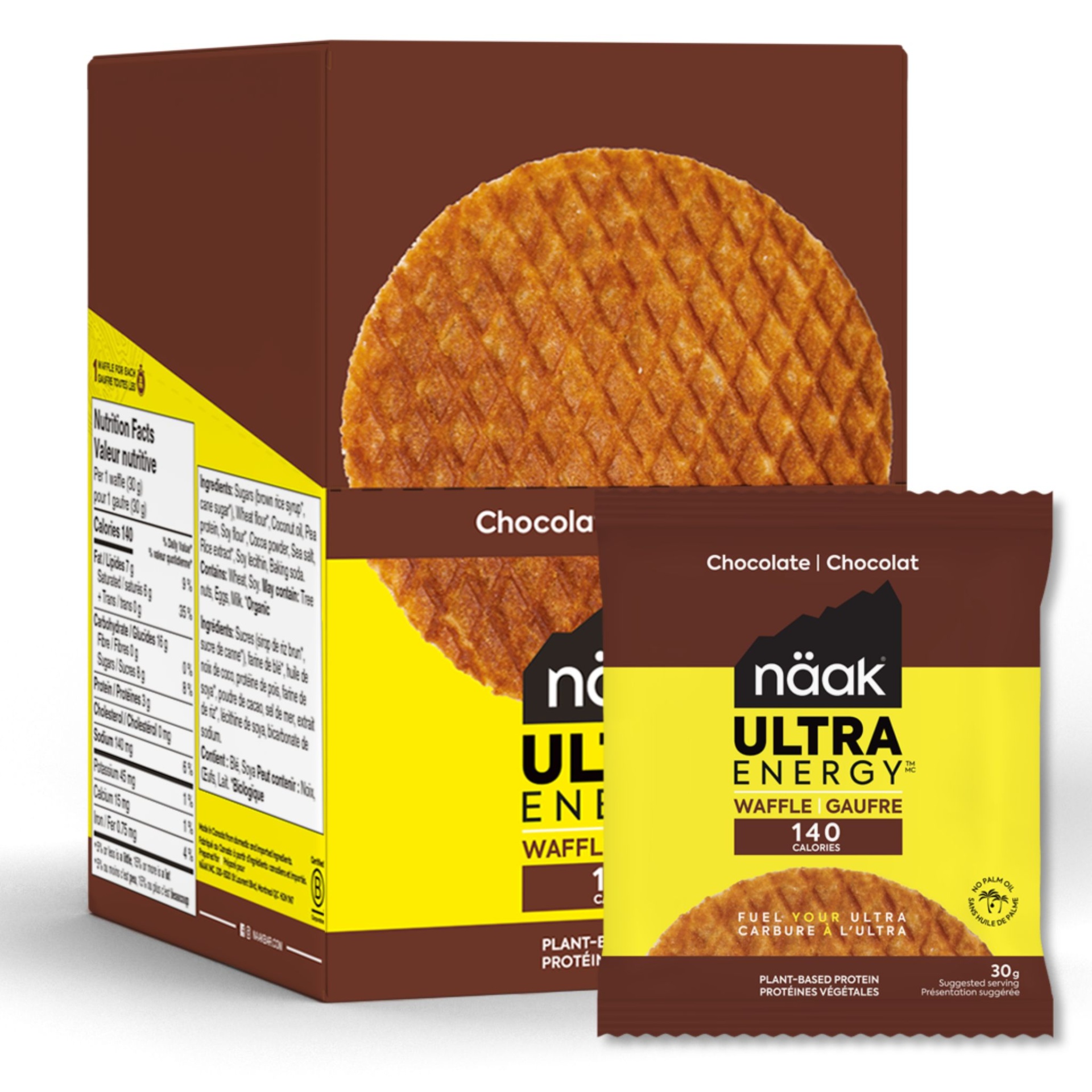 Embalagem de waffle näak Ultra Energy com rótulo amarelo e castanho