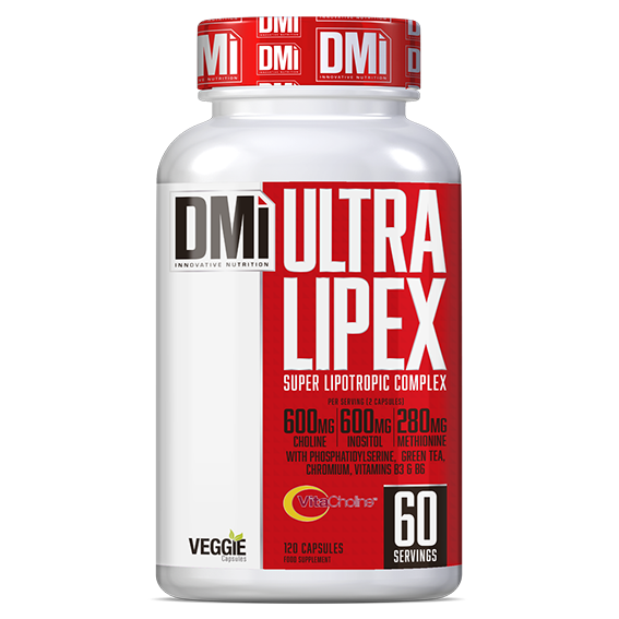 Frasco branco com suplemento Ultra Lipex de 60 cápsulas, tampa vermelha, etiqueta vermelha com texto branco e preto