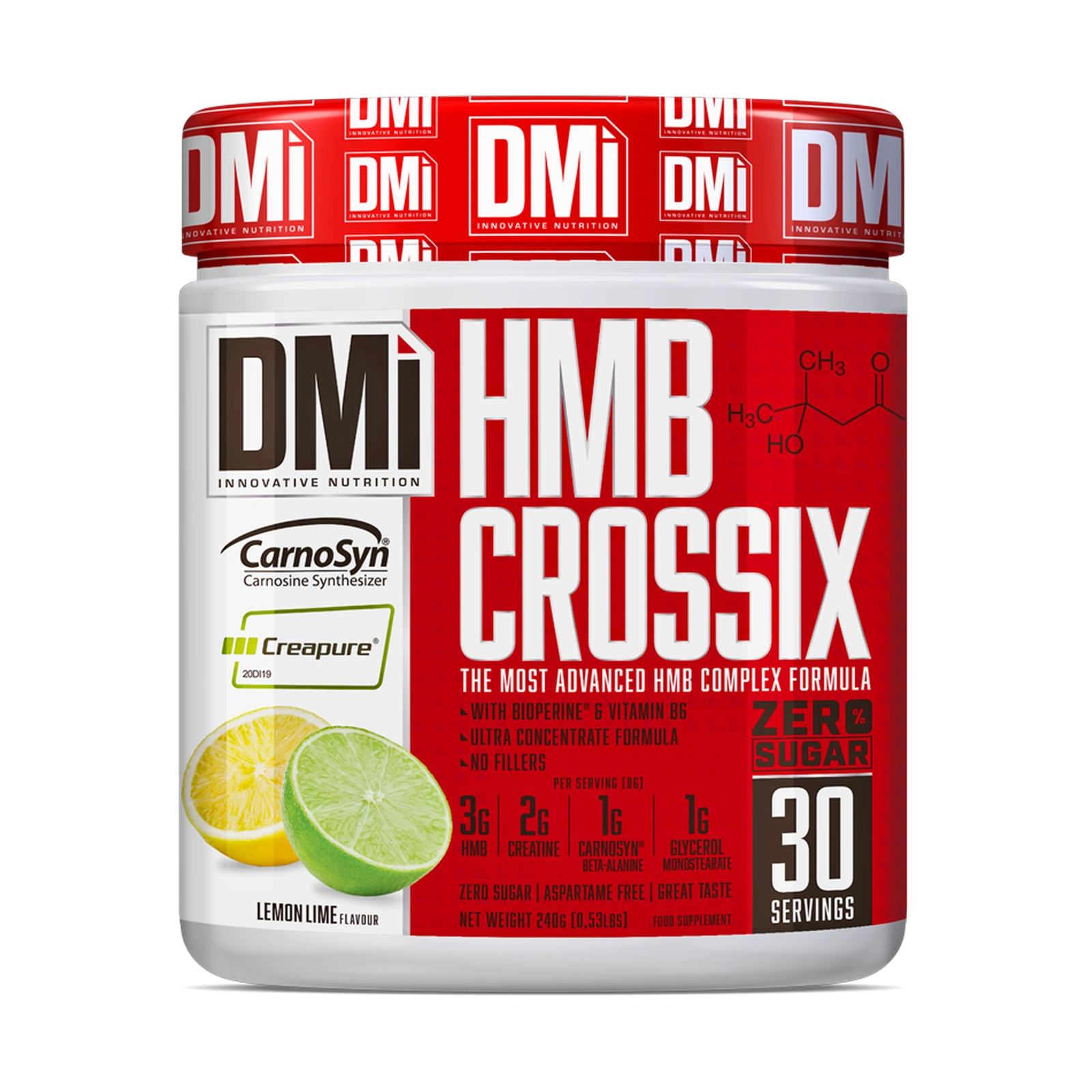 HMB CROSSIX DMI — 240 g Frasco de suplemento DMi HMB Crossix sabor Lemon Lime com texto informativo e limão e lima na embalagem.