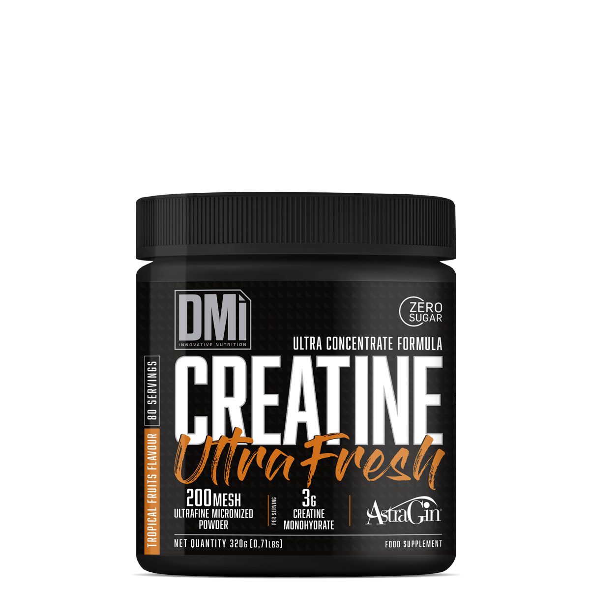 Frasco preto de suplemento em pó CREATINE Ultra Fresh, 320g, com texto branco e laranja