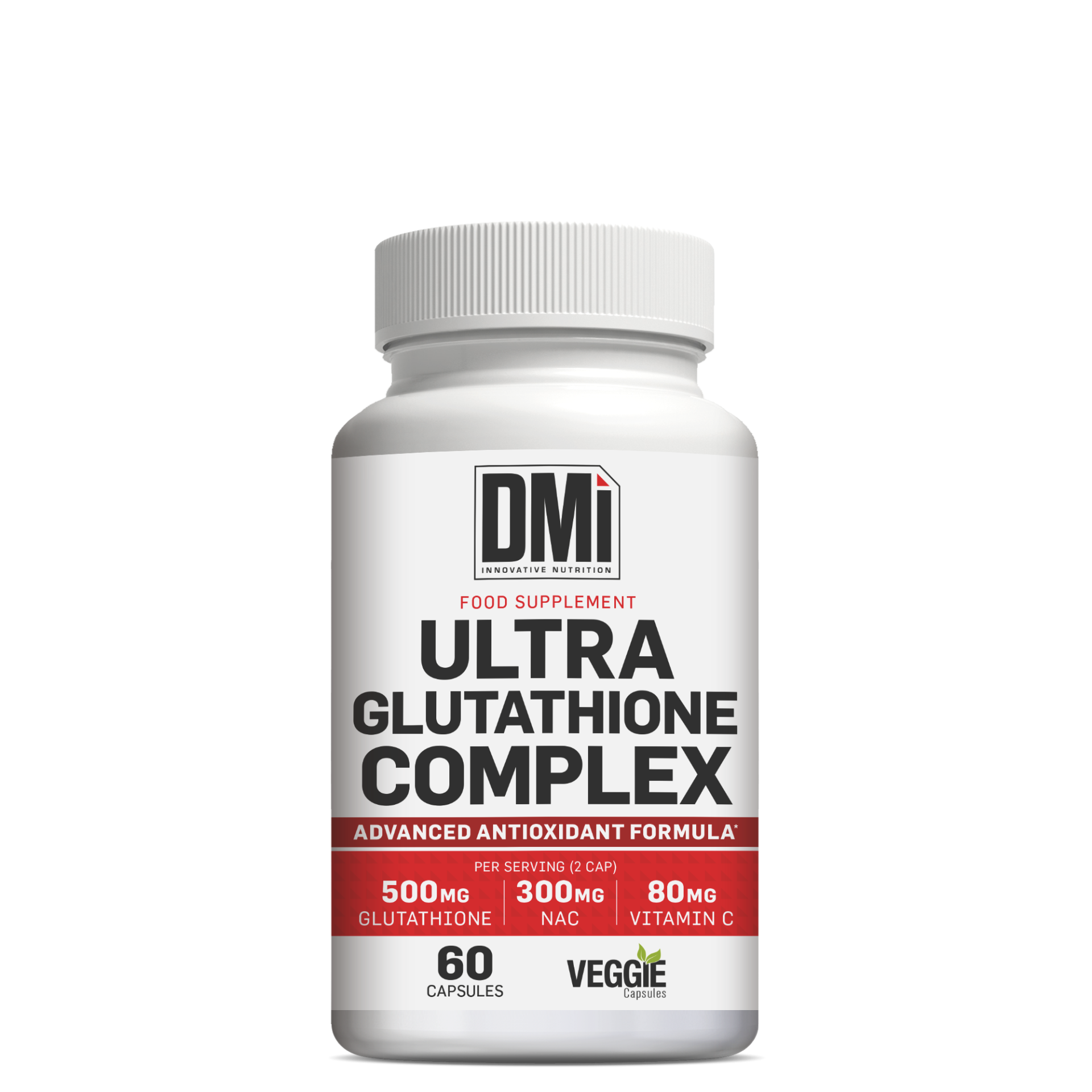 Frasco branco suplemento DMI Ultra Glutathione Complex com texto e detalhes em vermelho e preto