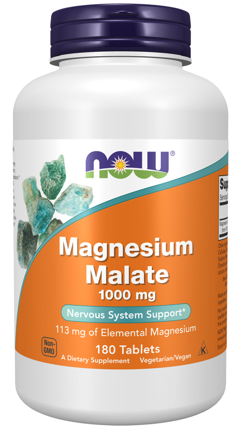 Frasco de suplemento Magnesium Malate 1000 mg da marca NOW