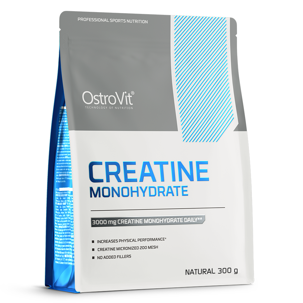 Pacote de creatina monohidratada OstroVit com detalhes azuis