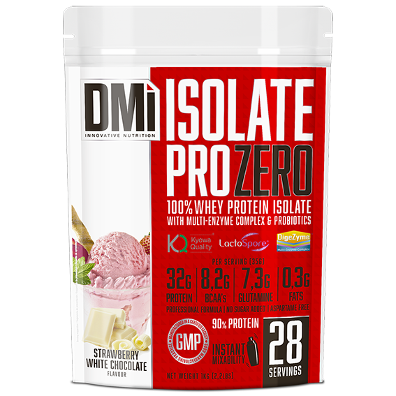 Embalagem de suplemento DMI Isolate Pro Zero sabor Strawberry White Chocolate com imagem de gelado