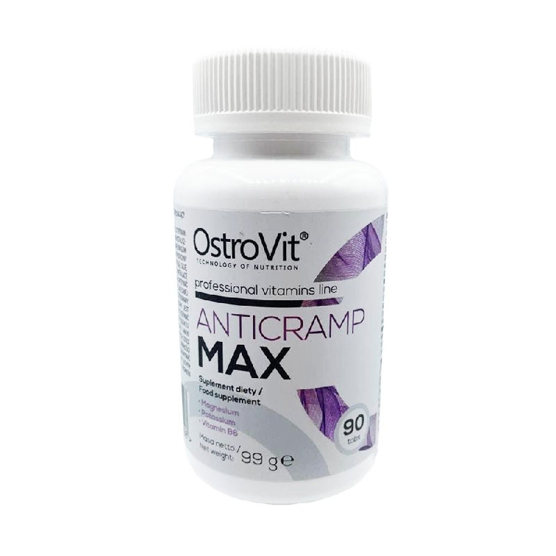 Frasco branco de suplemento dietético OstroVit AntiCramp Max, 90 cápsulas