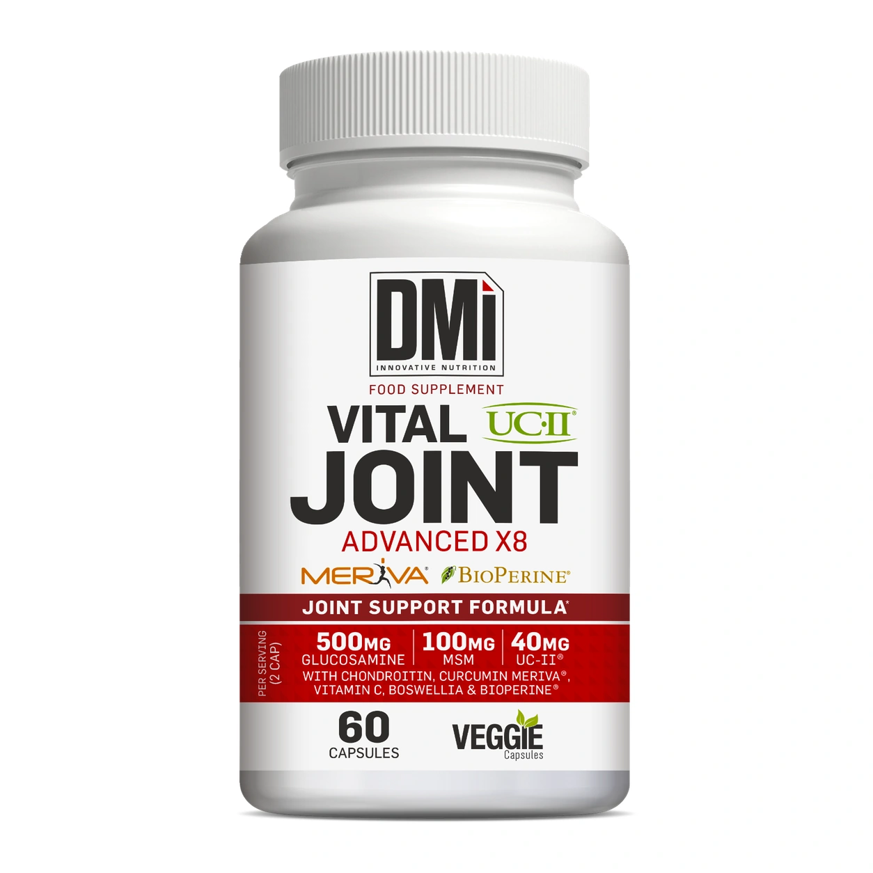 VITAL JOINT Advanced X8 DMI – 60 Cápsulas Frasco branco de suplemento alimentar DMi Vital Joint Advanced X8 com 60 cápsulas