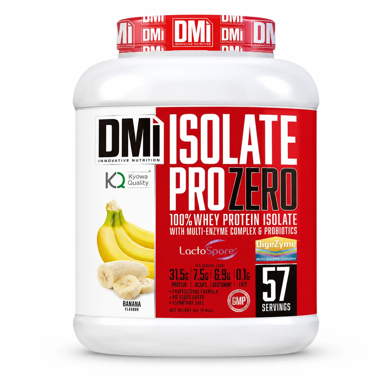 Isolate Pro Zero® DMI Nutrition 2000g Suplemento em pó DMi Isolate Pro Zero sabor banana em recipiente branco com tampa vermelha