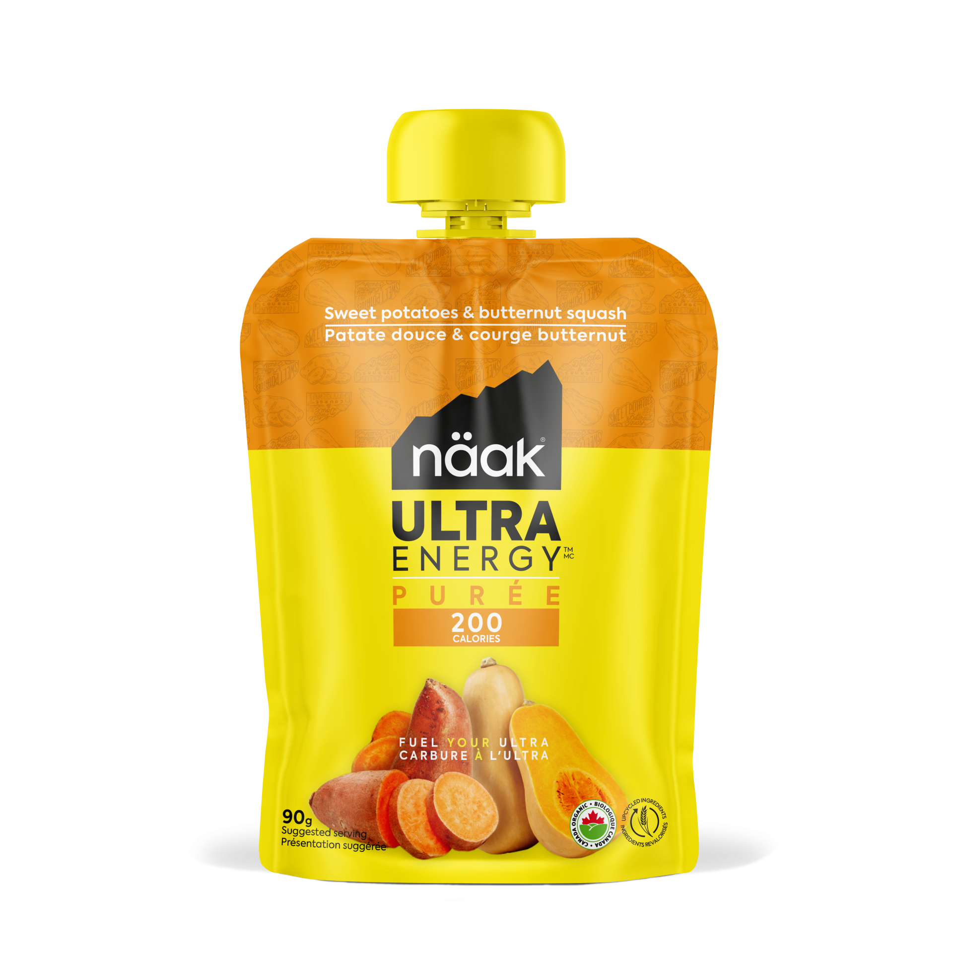 Saco de puré Näak Ultra Energy amarelo e laranja com tampa amarela e imagem de batata-doce e abóbora.