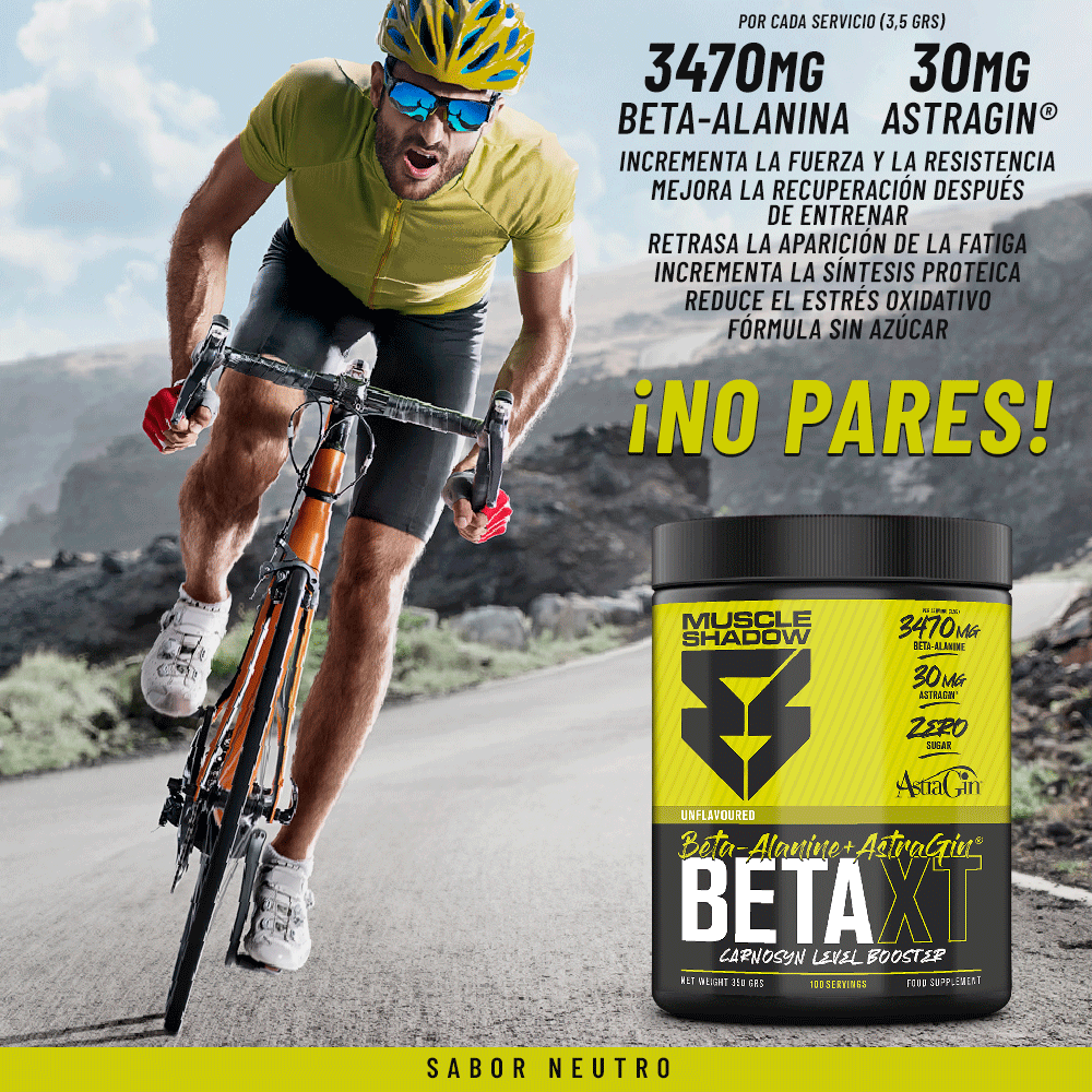 Suplemento alimentar BETA XT para desportistas com ciclista na estrada e embalagem preta e amarela