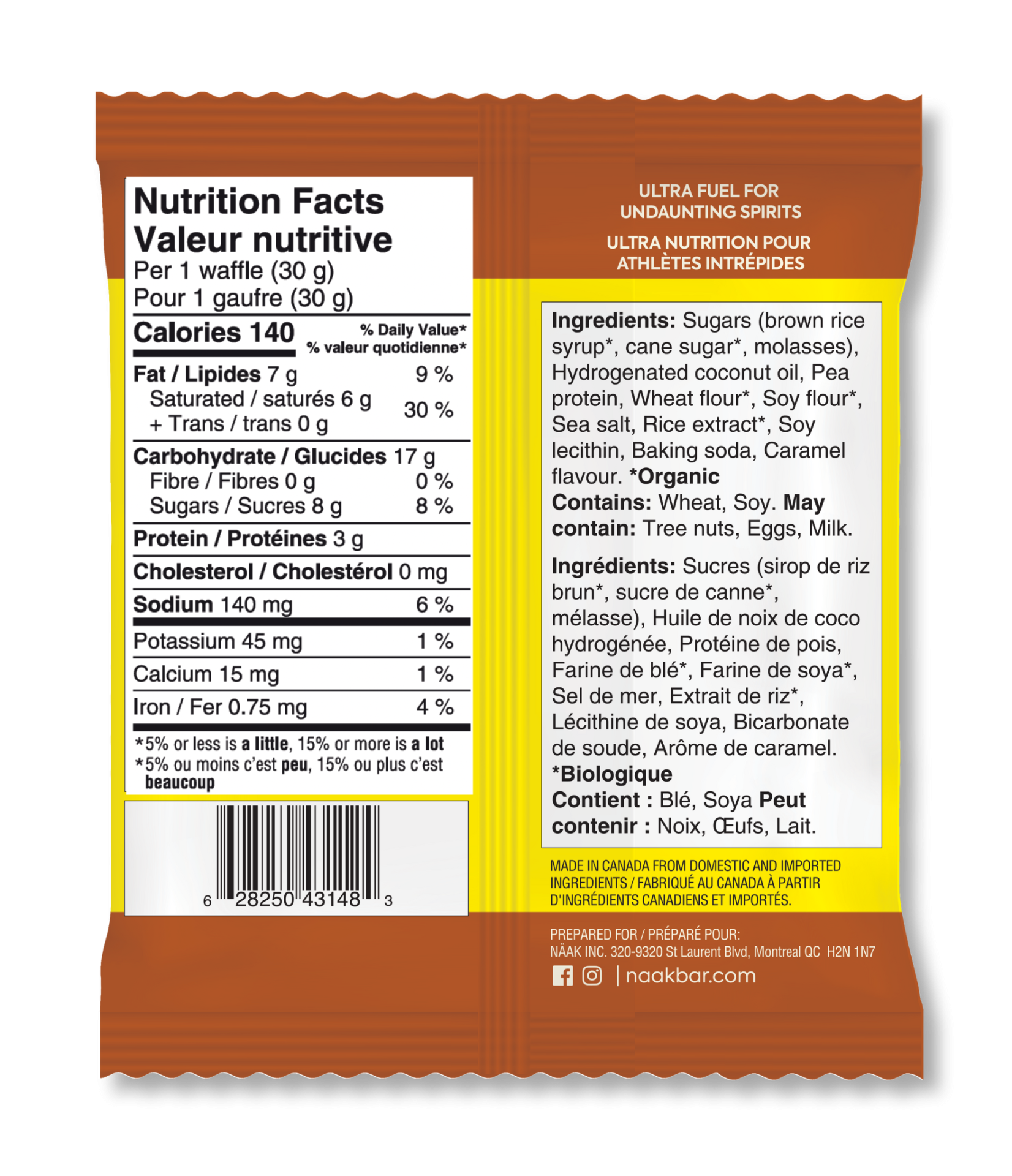 Pacote de waffle orgânico com informações nutricionais e ingredientes em inglês e francês.