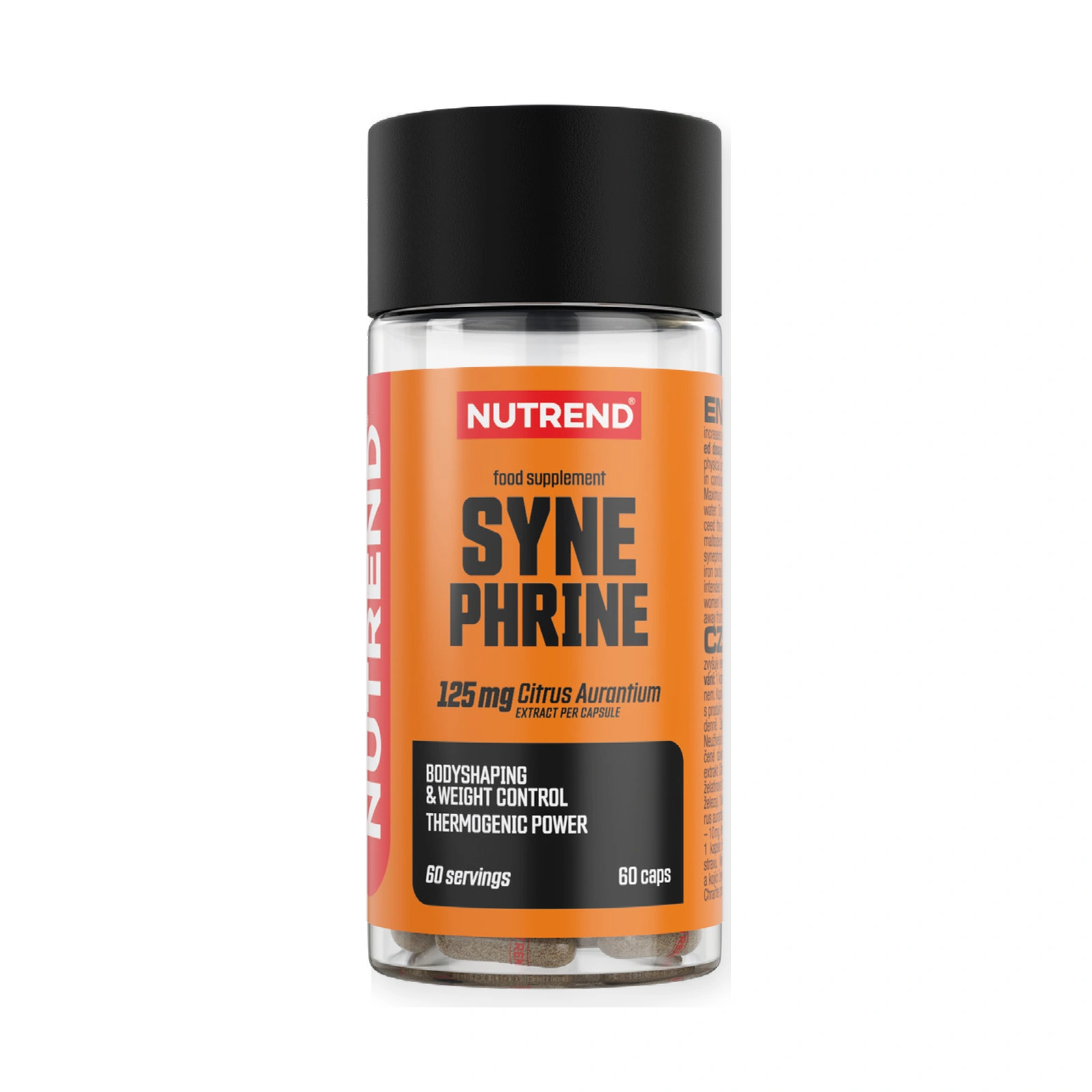 Synephrine Nutrend — 60 cápsulas Frasco de suplemento alimentar Synephrine da Nutrend com rótulo laranja e cápsulas visíveis