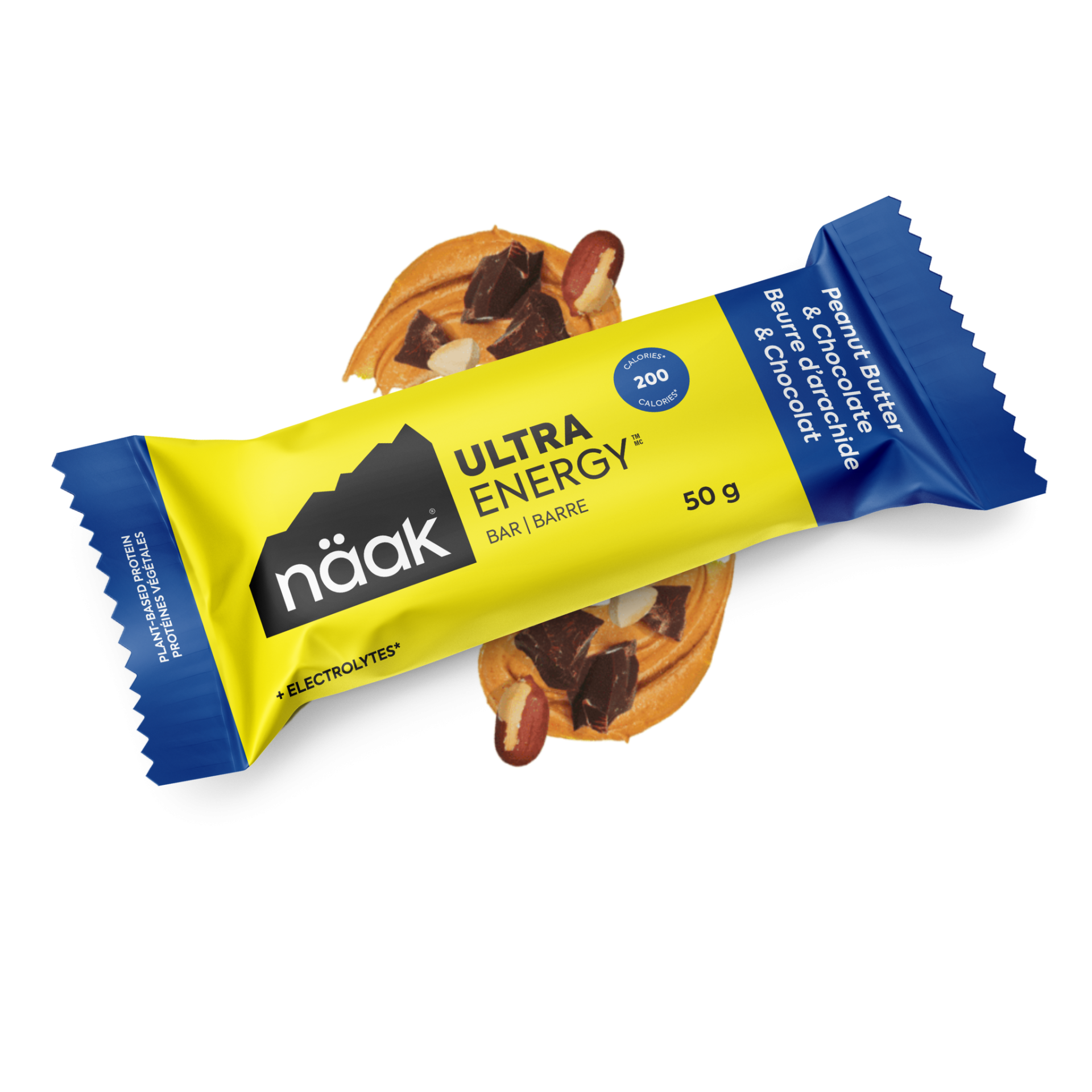 Barra energética Näak Ultra Energy amendoim e chocolate em embalagem amarelo e azul