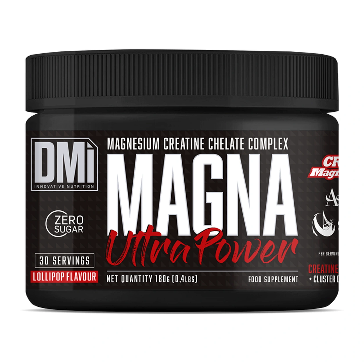 Magna Ultra Power DMI Nutrition – 180 g Frasco preto com suplemento MAGNA Ultra Power da DMi.