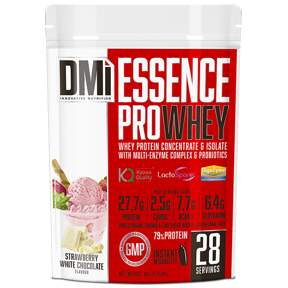 Embalagem de suplemento whey protein Essence Pro Whey sabor morango com chocolate branco DMI