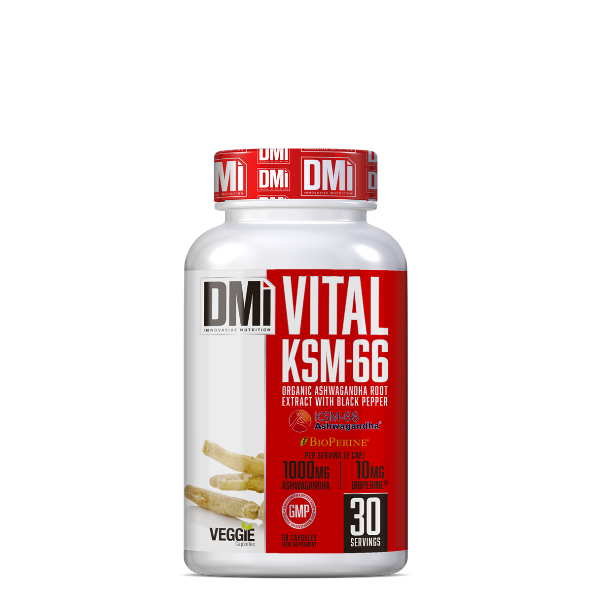 Frasco de suplemento alimentar DMi VITAL KSM-66 em fundo preto