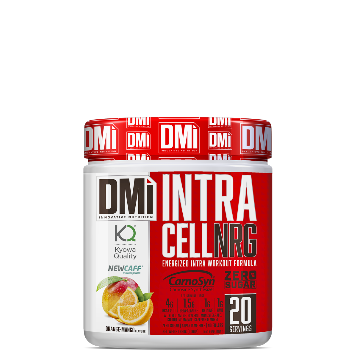 Embalagem de suplemento em pó DMI INTRA CELL NRG com design vermelho e branco e detalhes de laranja-manga-lima.