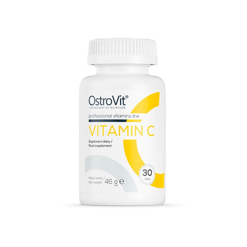 Frasco branco de suplemento Vitamin C da OstroVit com rótulo branco e amarelo