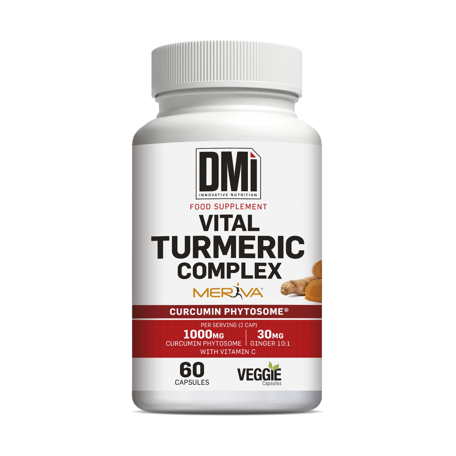VITAL TURMERIC COMPLEX DMI — 60 Cápsulas Frasco branco de suplemento alimentar Vital Turmeric Complex com rótulo branco e vermelho e tampa branca