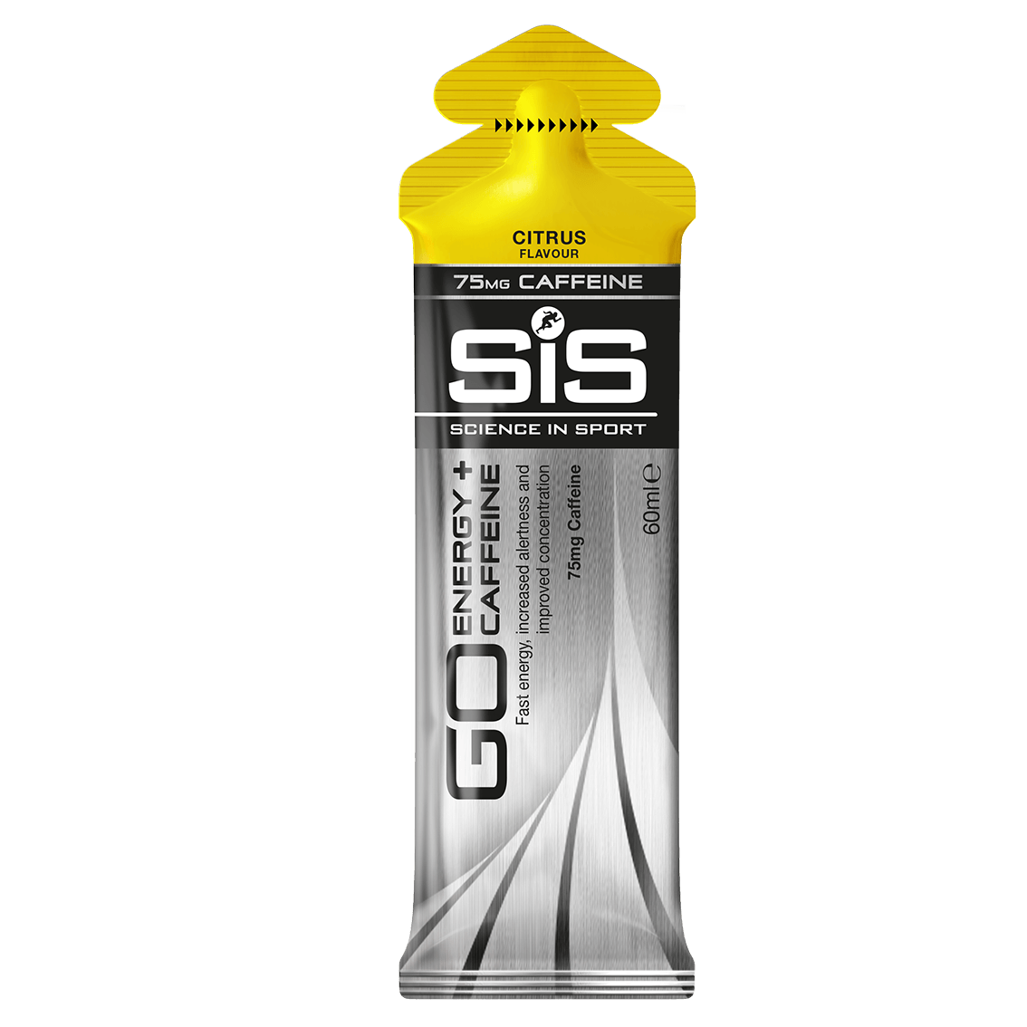 Gel energético SiS sabor citrinos, embalagem prateada, amarelo e preto, 75 mg cafeína, 60 ml
