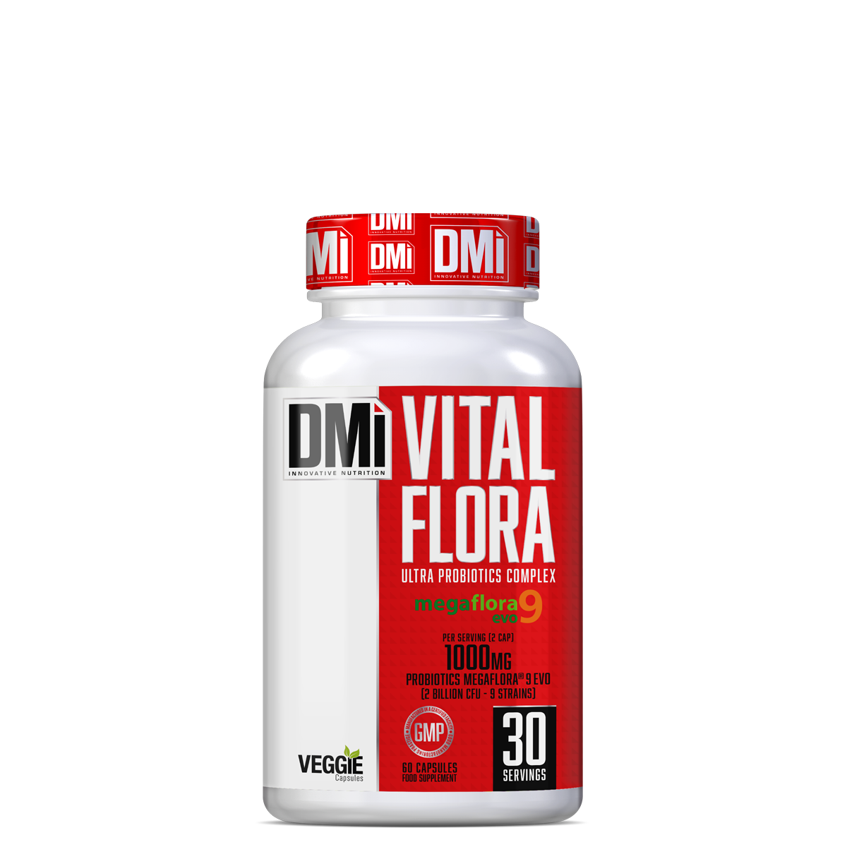 frasco branco de suplemento Vital Flora com rótulo vermelho e branco