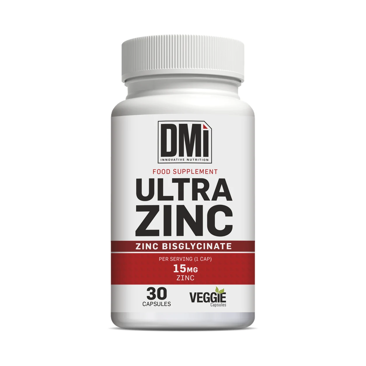Ultra Zinc Bisglicinato DMI – 30 Cápsulas Frasco branco de suplemento Ultra Zinc da DMi com rótulo branco e vermelho