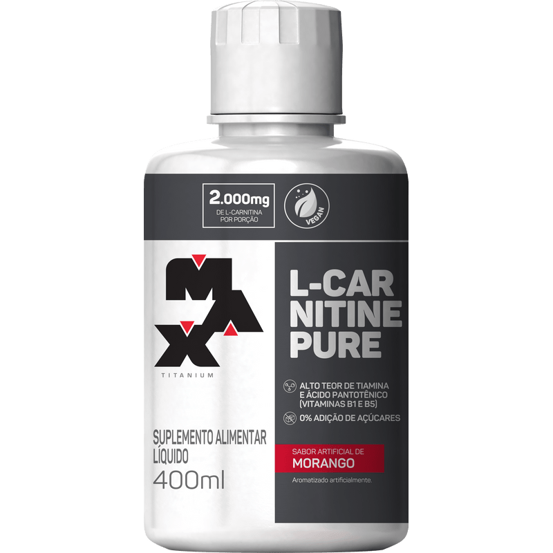 Frasco de suplemento alimentar líquido Max Titanium L-Carnitine Pure sabor morango