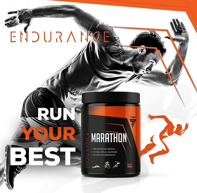 Embalagem de suplemento MARATHON com imagem de atleta a correr e texto motivacional