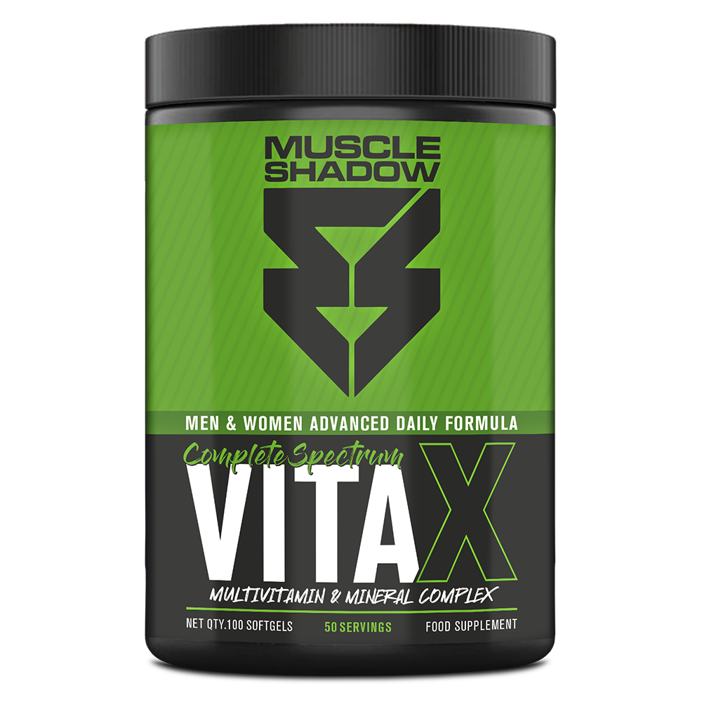 Frasco de suplemento alimentar Muscle Shadow VITAX preto e verde