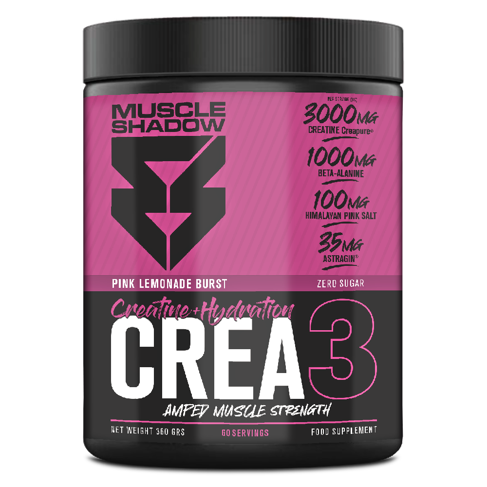 Frasco de suplemento alimentar Muscle Shadow CREA3 preto e rosa