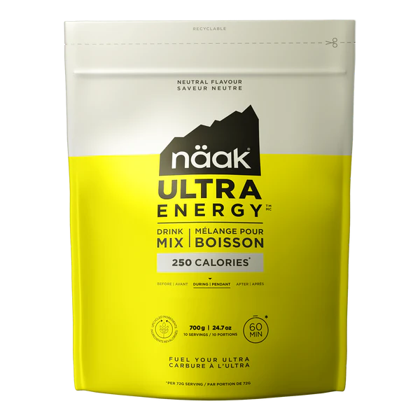 Saco amarelo e branco de suplemento näak Ultra Energy com texto preto e branco